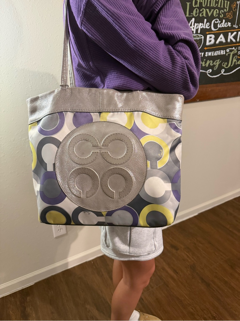 Coach Julia Op Art Tote 14970 Silver and purple